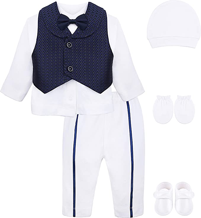 Gentleman's 6-Piece Baby Boys Newborn Long Sleeve White Shirt with Vest and Pant Set 0-3 Months LILAX