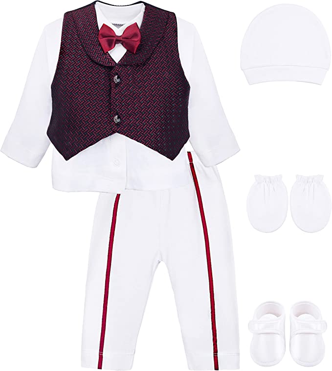 Gentleman's 6-Piece Baby Boys Newborn Long Sleeve White Shirt with Vest and Pant Set 0-3 Months LILAX