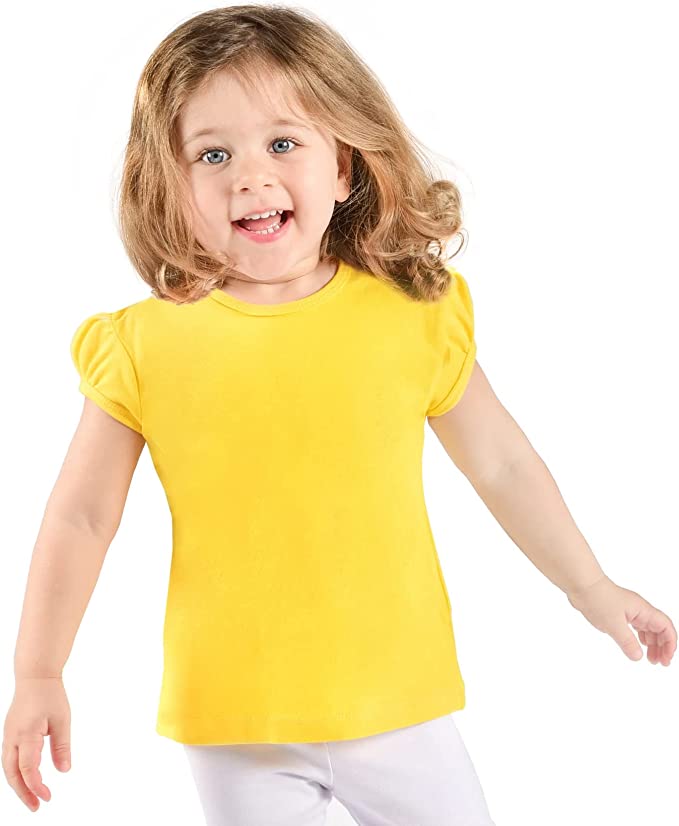 Girls' Basic Cotton T-Shirt  Short Puff Sleeve Crewneck / 5 to 7 Years LILAX