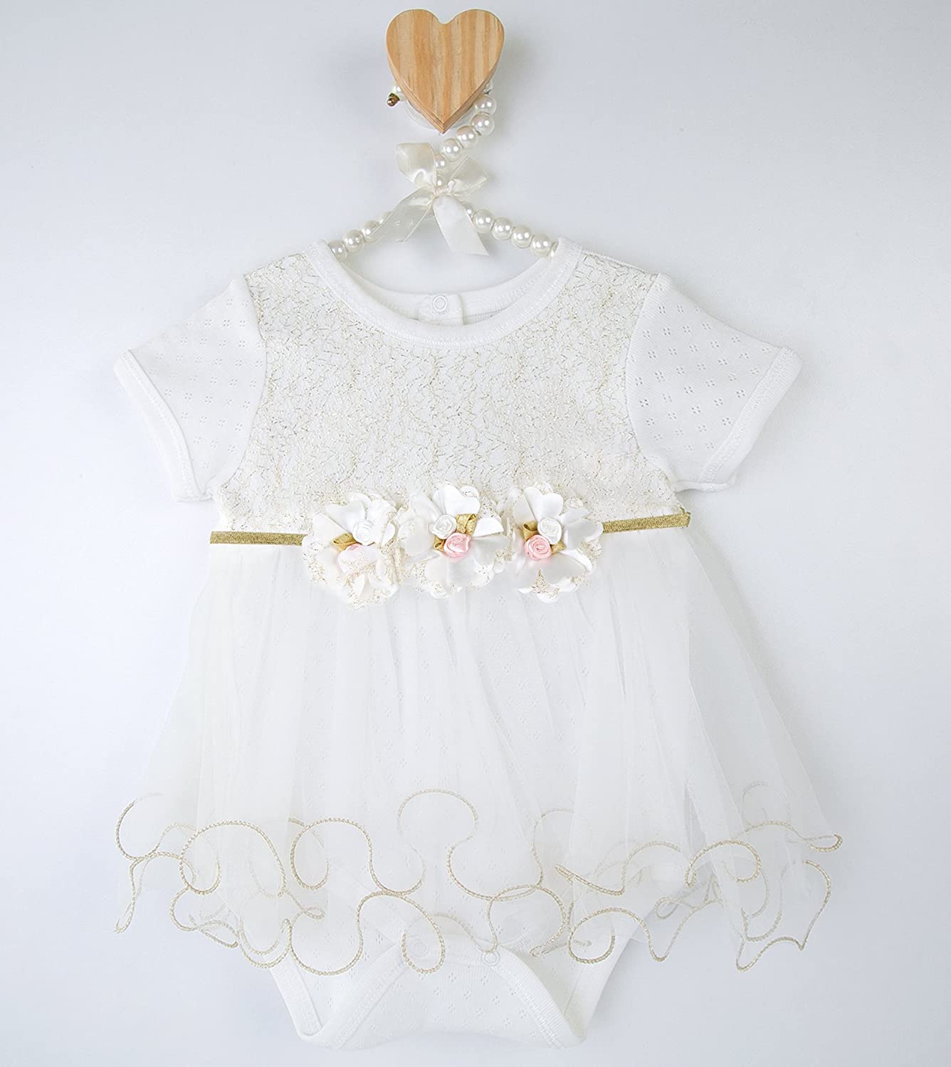 Unique Tutu Bodysuit for Newborn Baby Girl with Short Sleeves and Gold Glitter Floral Design LILAX