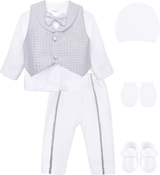 Gentleman's 6-Piece Baby Boys Newborn Long Sleeve White Shirt with Vest and Pant Set 0-3 Months LILAX